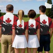 Load image into Gallery viewer, Canada Flag Patriotic Mens Golf Polo Shirt for team golf group - multiple golfers wearing red white Canada flag Polo shirts, custom name available