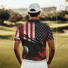 Load image into Gallery viewer, Man wearing American Flag Patriotic Golf Polo Shirt on golf course, red white American flag design, tailored fit breathable polyester, custom name shirt