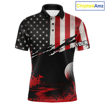 Load image into Gallery viewer, American Flag Patriotic Mens Golf Polo Shirt front view - red white American flag design, breathable polyester fabric, short sleeve Polo tailored fit, custom name shirt