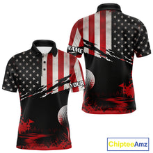 Load image into Gallery viewer, American Flag Patriotic Mens Golf Polo Shirt front and back view - red white American flag design, breathable polyester fabric, short sleeve Polo tailored fit, custom name shirt