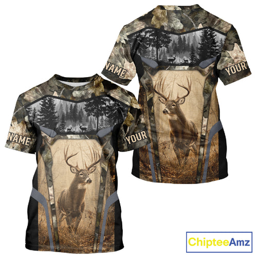 Personalized Whitetail Deer Hunting Forest Camo 3D Printed Shirts, Deer Hunting Camouflage Shirt NBT221