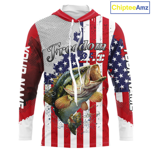 Freedom 250 Bass Long Sleeve Hooded Fishing Shirts American Flag Fishing, Custom Bass Shirts With US Flag NBT374