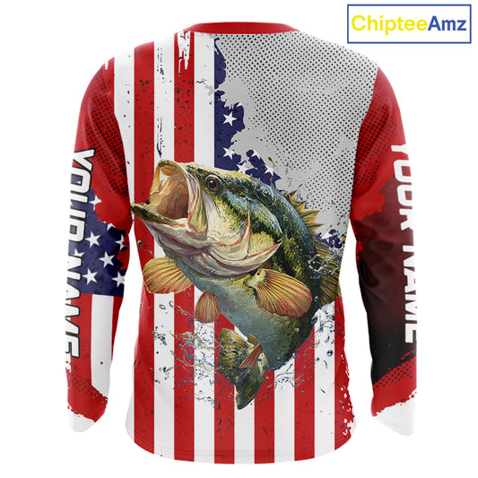 Freedom 250 Bass Fishing Shirts Long Sleeve American Flag Fishing, Custom Bass Shirts With US Flag NBT374
