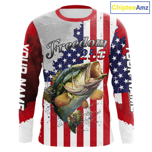 Freedom 250 Bass Fishing Shirts Long Sleeve American Flag Fishing, Custom Bass Shirts With US Flag NBT374