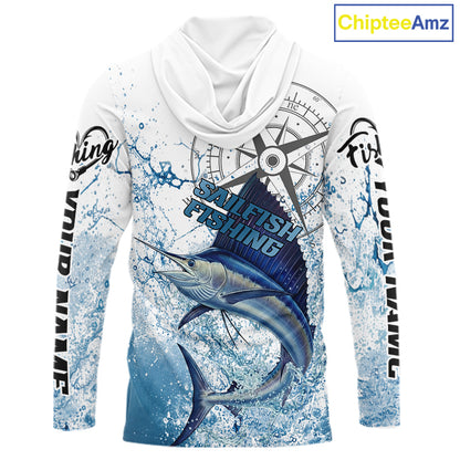 Custom Sailfish Long Sleeve Hooded Fishing Shirts Saltwater Fish, Compass Offshore Tournament Fishing Shirts NBT375
