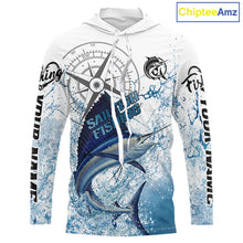 Load image into Gallery viewer, Custom Sailfish Long Sleeve Hooded Fishing Shirts Saltwater Fish, Compass Offshore Tournament Fishing Shirts NBT375
