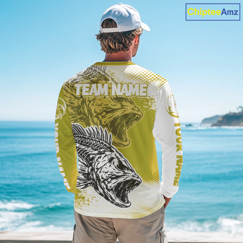 Yellow Camo Bass Fishing Jerseys For Fishing Team, Bass Skeleton Fishing Shirts Long Sleeve NBT419
