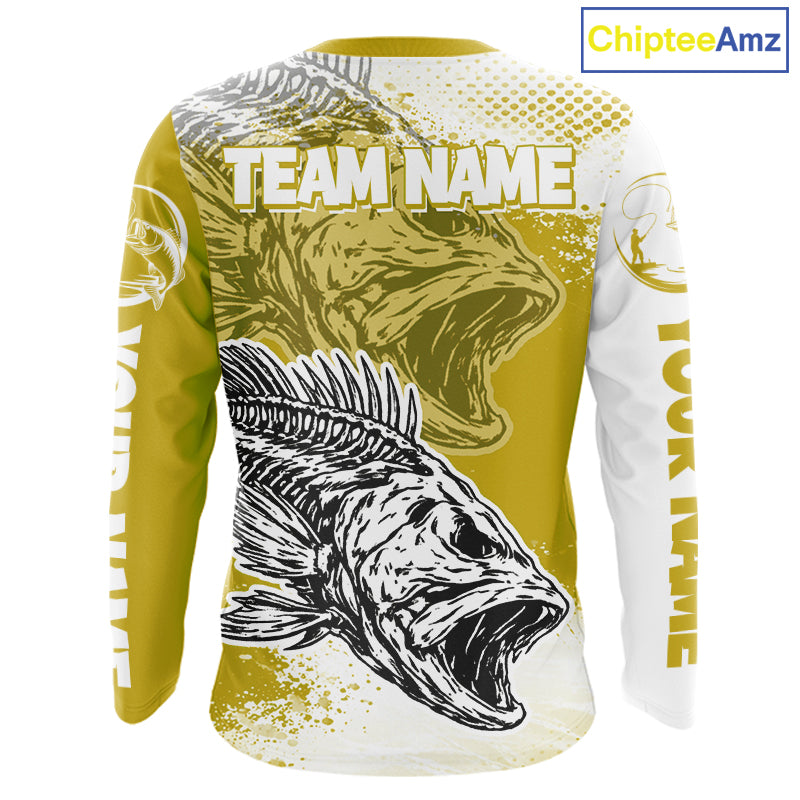 Yellow Camo Bass Fishing Jerseys For Fishing Team, Bass Skeleton Fishing Shirts Long Sleeve NBT419