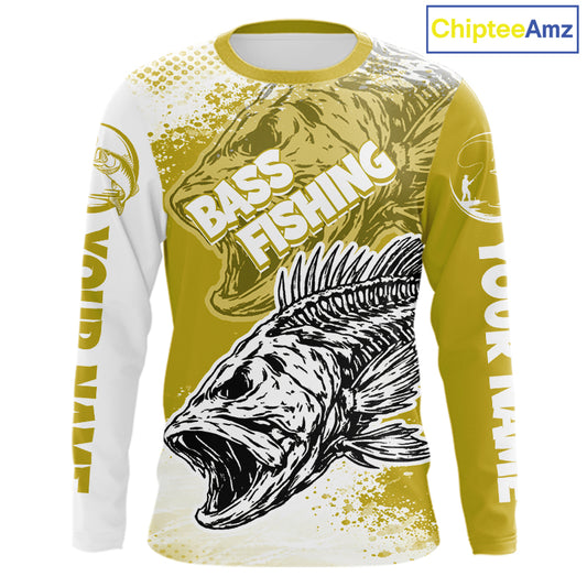 Yellow Camo Bass Fishing Jerseys For Fishing Team, Bass Skeleton Fishing Shirts Long Sleeve NBT419