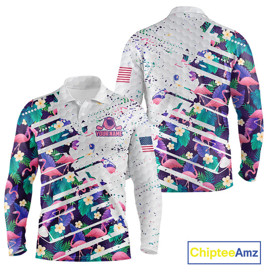 Flamingo Golf Polo Shirts For Men, Colorful Tropical Flamingo Pattern, Tropical Golf Shirt NBT477