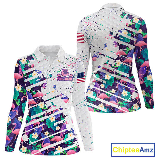 Flamingo Womens Golf Polo Shirts, Colorful Tropical Flamingo Pattern, Tropical Golf Shirt NBT477