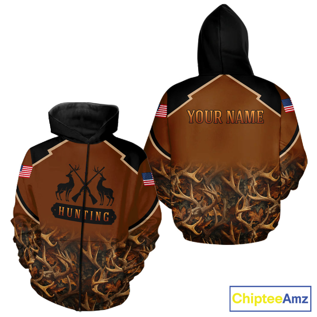 Brown Camo Deer Hunting Shirts with American Flag for Men, Hunting Gift Ideas for Hunters NBT223