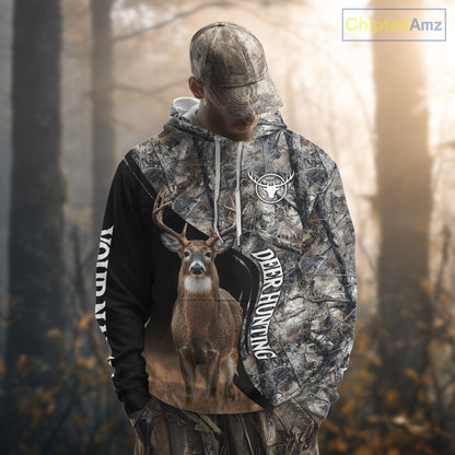 Winter Whitetail Deer Camo Customize Name 3D All Over Printed Long Sleeve Hunting Shirts for Men NBT332