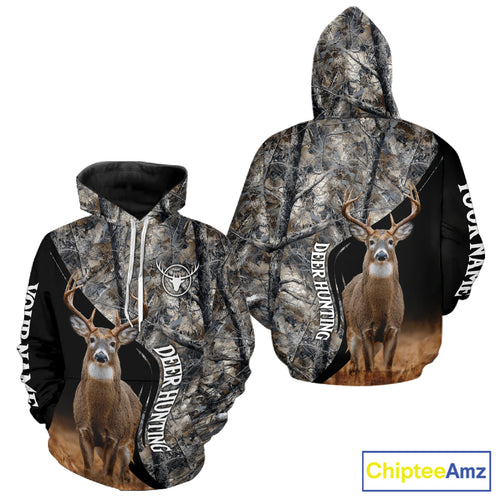 Winter Whitetail Deer Camo Customize Name 3D All Over Printed Long Sleeve Hunting Shirts for Men NBT332