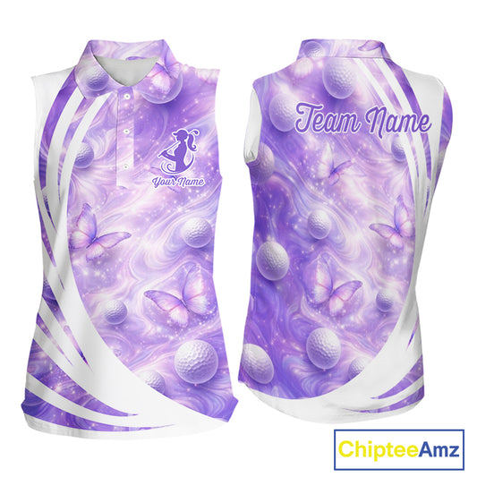 Butterfly Womens Sleeveless Golf Polo Shirts Custom Name Floral Purple, Golf Gifts For Ladies NBT482