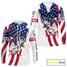 Load image into Gallery viewer, Hooded Bass Fishing American Flag Fishing Tournament Shirts, Personalized Bass Long Sleeve Fishing Jerseys NBT485