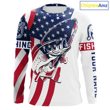 Load image into Gallery viewer, Bass Fishing American Flag Fishing Tournament Shirts, Personalized Bass Long Sleeve Fishing Jerseys NBT485