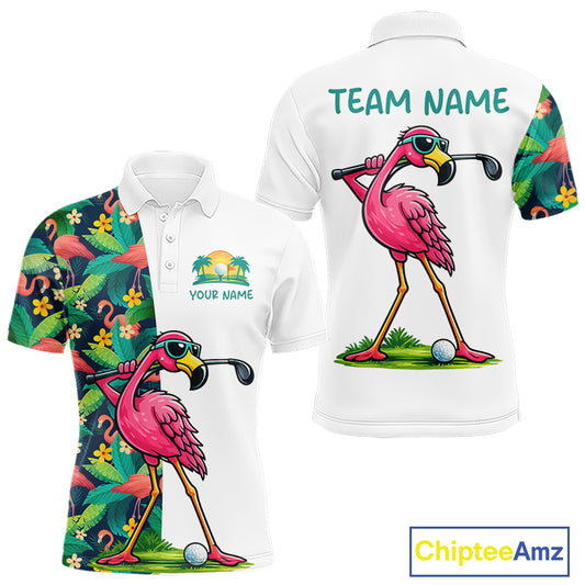 Funny Flamingo Mens Golf Polo Shirts Colorful Tropical Flamingo Custom Name, Golf Gifts  NBT487