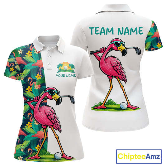 Funny Flamingo Womens Golf Polo Shirts Colorful Tropical Flamingo Custom Name, Golf Gifts  NBT487