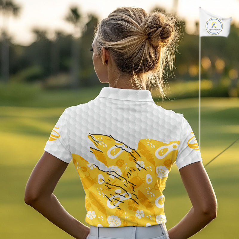 Custom Yellow Summer Pattern Womens Golf Polo Shirts Summer Golf Shirt For Vacation, Golf Team Shirt NBT732