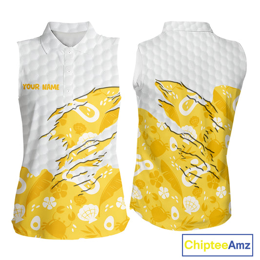 Custom Yellow Summer Pattern Womens Sleeveless Golf Polo Shirts Summer Golf Shirt For Vacation, Golf Team Shirt NBT732