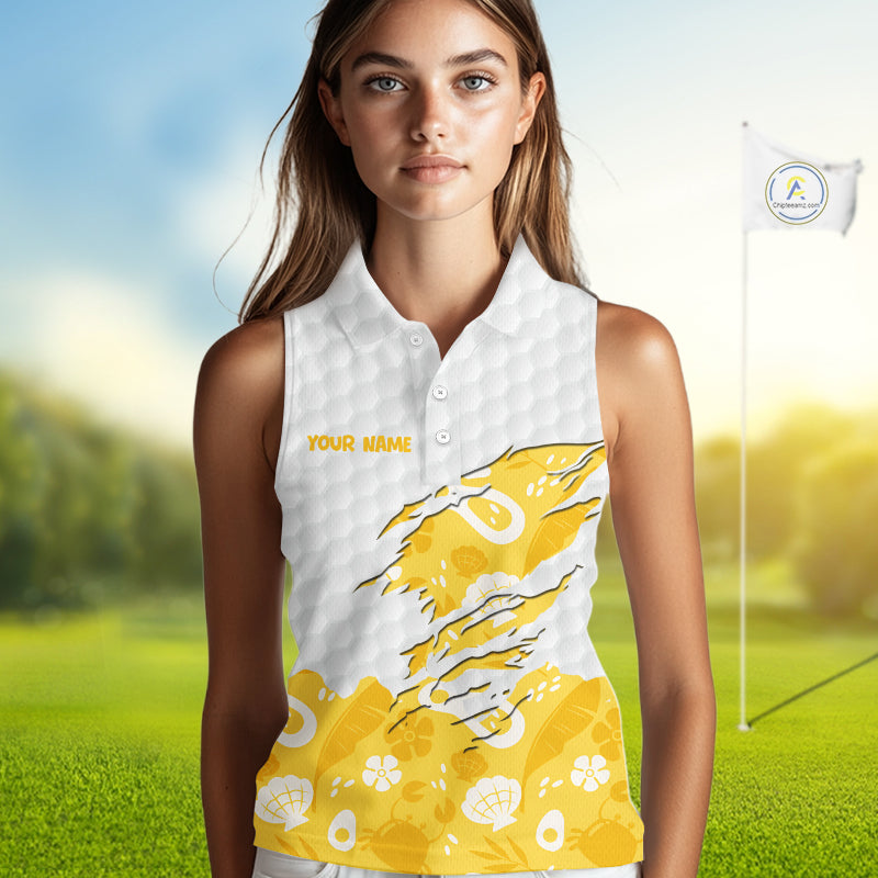 Custom Yellow Summer Pattern Womens Sleeveless Golf Polo Shirts Summer Golf Shirt For Vacation, Golf Team Shirt NBT732