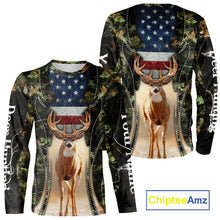 Load image into Gallery viewer, Patriotic Green Camo Deer Hunting Shirt – American Flag Whitetail Buck, Custom Name for Men NBT34