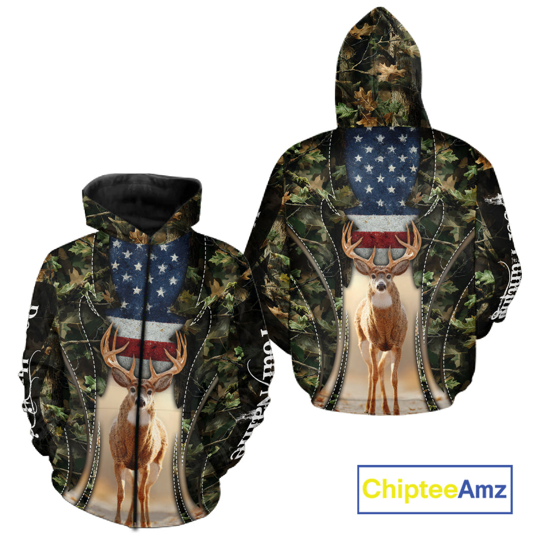 Patriotic Green Camo Deer Hunting Shirt – American Flag Whitetail Buck, Custom Name for Men NBT34