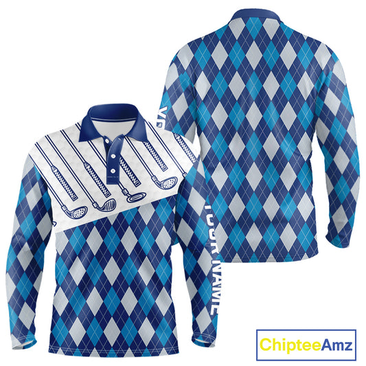 Blue Argyle Golf Polo Shirt For Men Plaid Pattern Custom Name, Golfer Gifts NBT488
