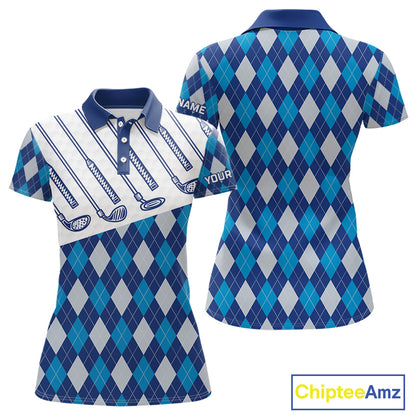 Blue Argyle Golf Polo Shirt For Women Plaid Pattern Custom Name, Golfer Gifts for Ladies NBT488