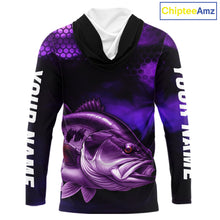 Load image into Gallery viewer, Purple Largemouth Bass Long Sleeve Hooded Fishing Shirts, Custom Big Bass Fishing Jerseys NBT379