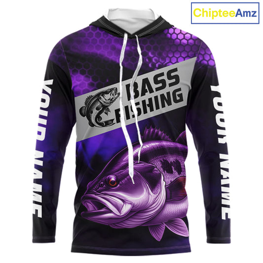 Purple Largemouth Bass Long Sleeve Hooded Fishing Shirts, Custom Big Bass Fishing Jerseys NBT379