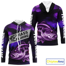 Load image into Gallery viewer, Purple Largemouth Bass Long Sleeve Hooded Fishing Shirts, Custom Big Bass Fishing Jerseys NBT379