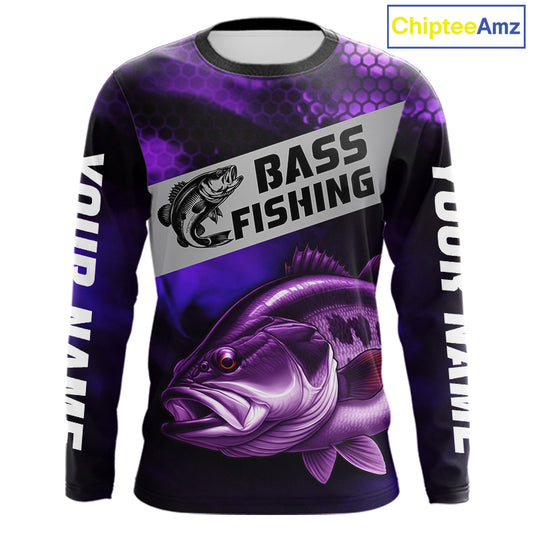 Purple Largemouth Bass Long Sleeve Fishing Shirts, Custom Big Bass Fishing Jerseys NBT379