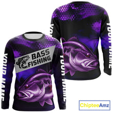 Load image into Gallery viewer, Purple Largemouth Bass Long Sleeve Fishing Shirts, Custom Big Bass Fishing Jerseys NBT379