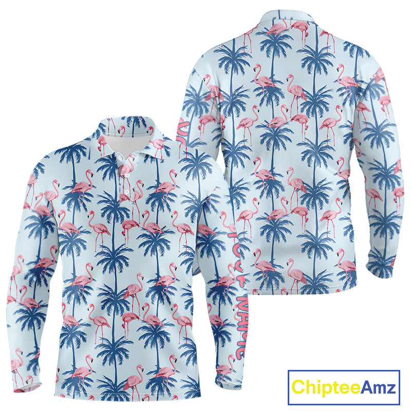 Flamingo Tropical Palm Tree Mens Polo Shirt, Custom Matching Polo Team, Golf Gifts For Men NBT494