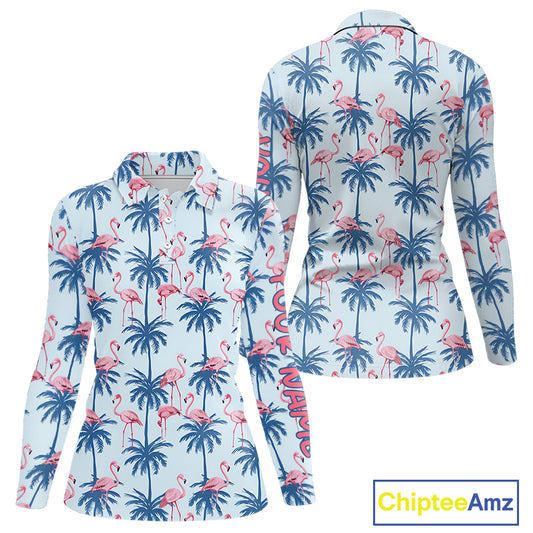 Flamingo Tropical Palm Tree Womens Polo Shirt, Custom Matching Girl Polo Team, Golf Gifts For Ladies NBT494