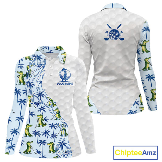 Funny Alligator Palm Tree Womens Golf Polo Shirt Custom Name Golf Top Funny Golf Gifts NBT496