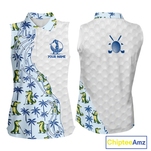 Funny Alligator Palm Tree Womens Sleeveless Golf Polo Shirt Custom Name Golf Top Funny Golf Gifts NBT496