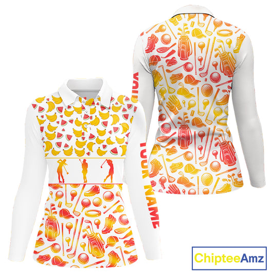 Funny Watermelon Banana Womens Golf Polo Shirts Custom Name Neon Print, Golf Shirt For Women NBT501