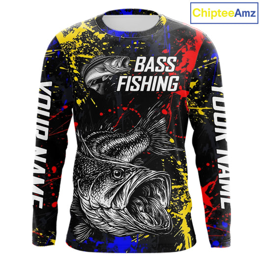 Colorful Paint Tattoo Bass Fishing Shirts Long Sleeve With Hood, Bass Fishing Jerseys NBT431