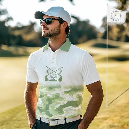 Green And White Camo Mens Golf Polo Shirts Customized Camouflage Golf Shirts For Men, Golfer Gifts NBT510