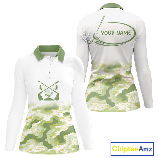 Green And White Camo Womens Golf Polo Shirts Customized Camouflage Golf Shirts For Ladies, Golfer Gifts NBT510