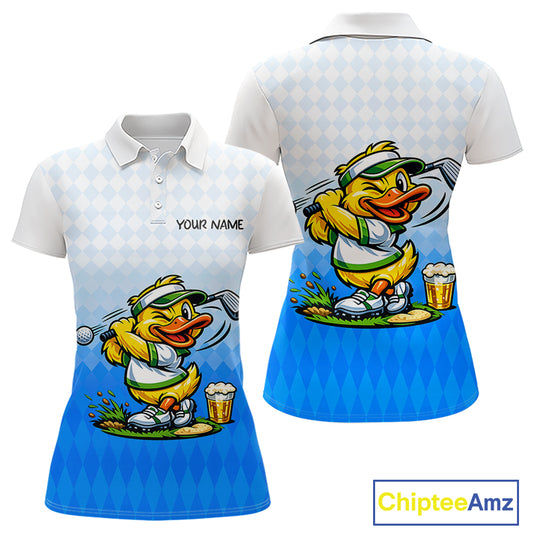 Funny Duck Golf Polo Shirt For Womens, Cute Duck With Beer Print Shirt, Sporty Animal Golf Gift|Blue NBT622