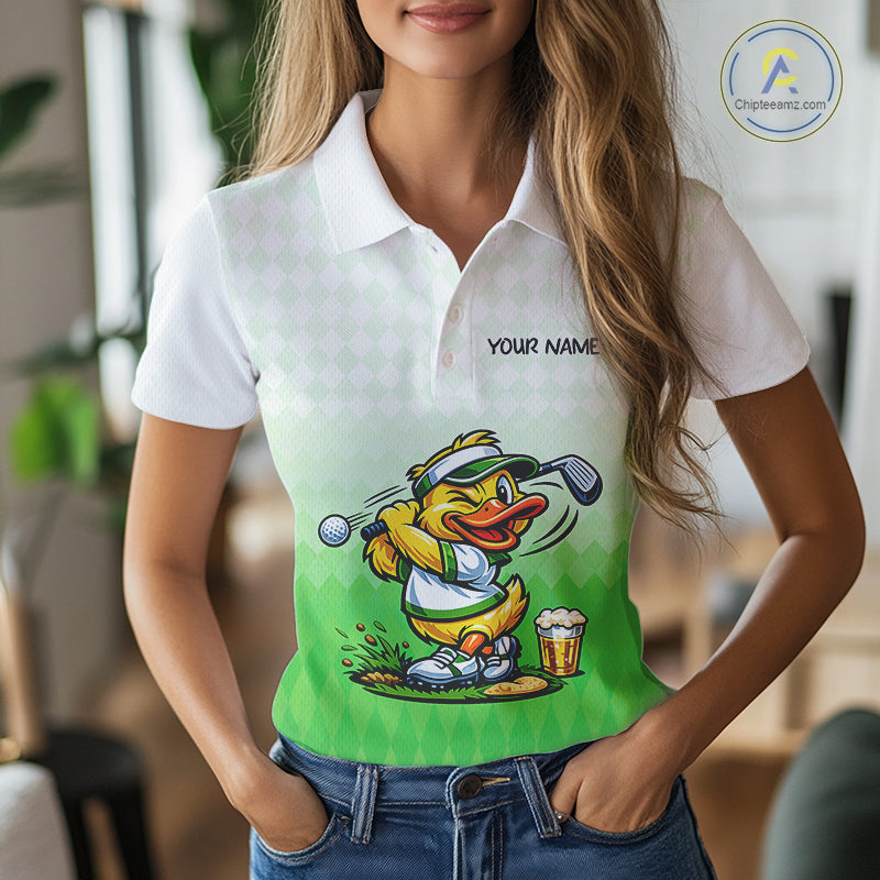Funny Duck Golf Polo Shirt For Womens, Cute Duck With Beer Print Shirt, Sporty Animal Golf Gift|Green NBT623