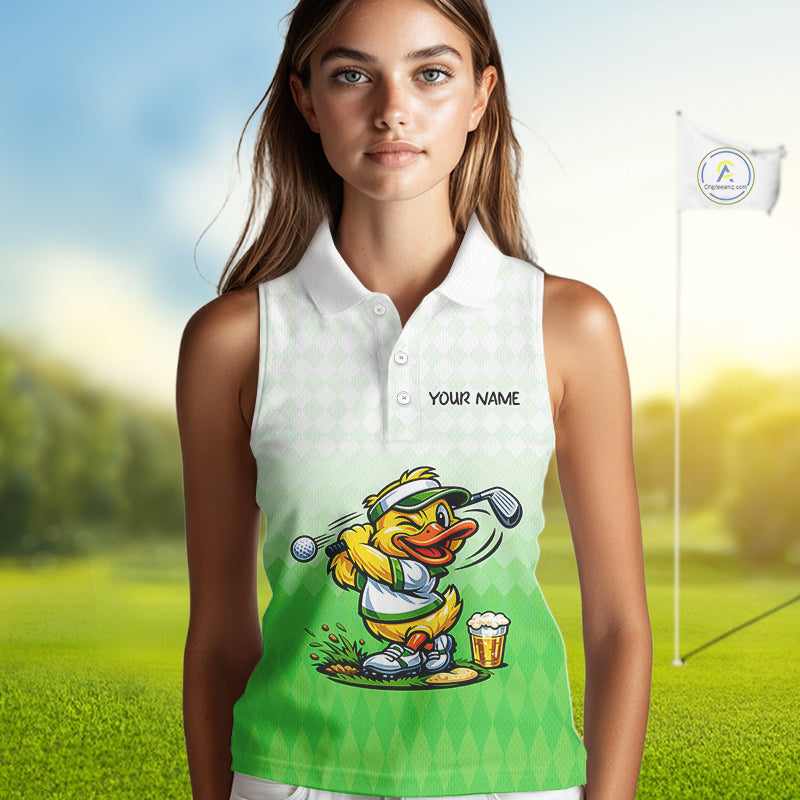 Funny Duck Sleeveless Golf Polo Shirt For Womens, Cute Duck With Beer Print Shirt, Sporty Animal Golf Gift|Green NBT623