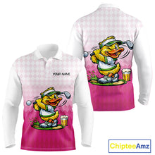 Load image into Gallery viewer, Funny Duck Golf Polo Shirt For Men, Cute Duck With Beer Print Shirt, Sporty Animal Golf Gift|Pink NBT624