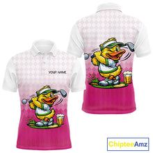 Load image into Gallery viewer, Funny Duck Golf Polo Shirt For Men, Cute Duck With Beer Print Shirt, Sporty Animal Golf Gift|Pink NBT624