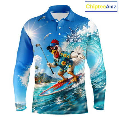 Rooster and American flag pattern on funny mens golf polo shirt
