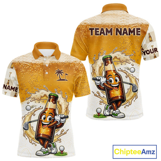 Custom beer golf polo shirt with beer bottle golfer and team name - back view